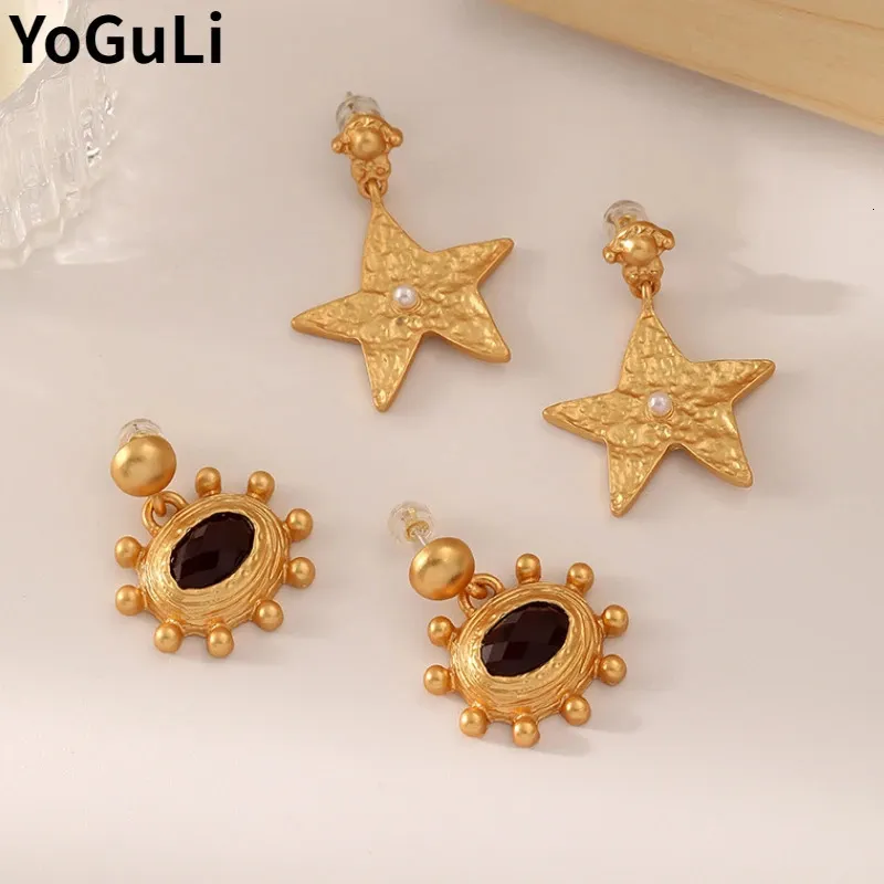 Boucles d'oreilles en forme d'étoile en métal de haute qualité pour femme, bijoux tendance, couleur or mat, style vintage, idée cadeau, 240618_voghion.com