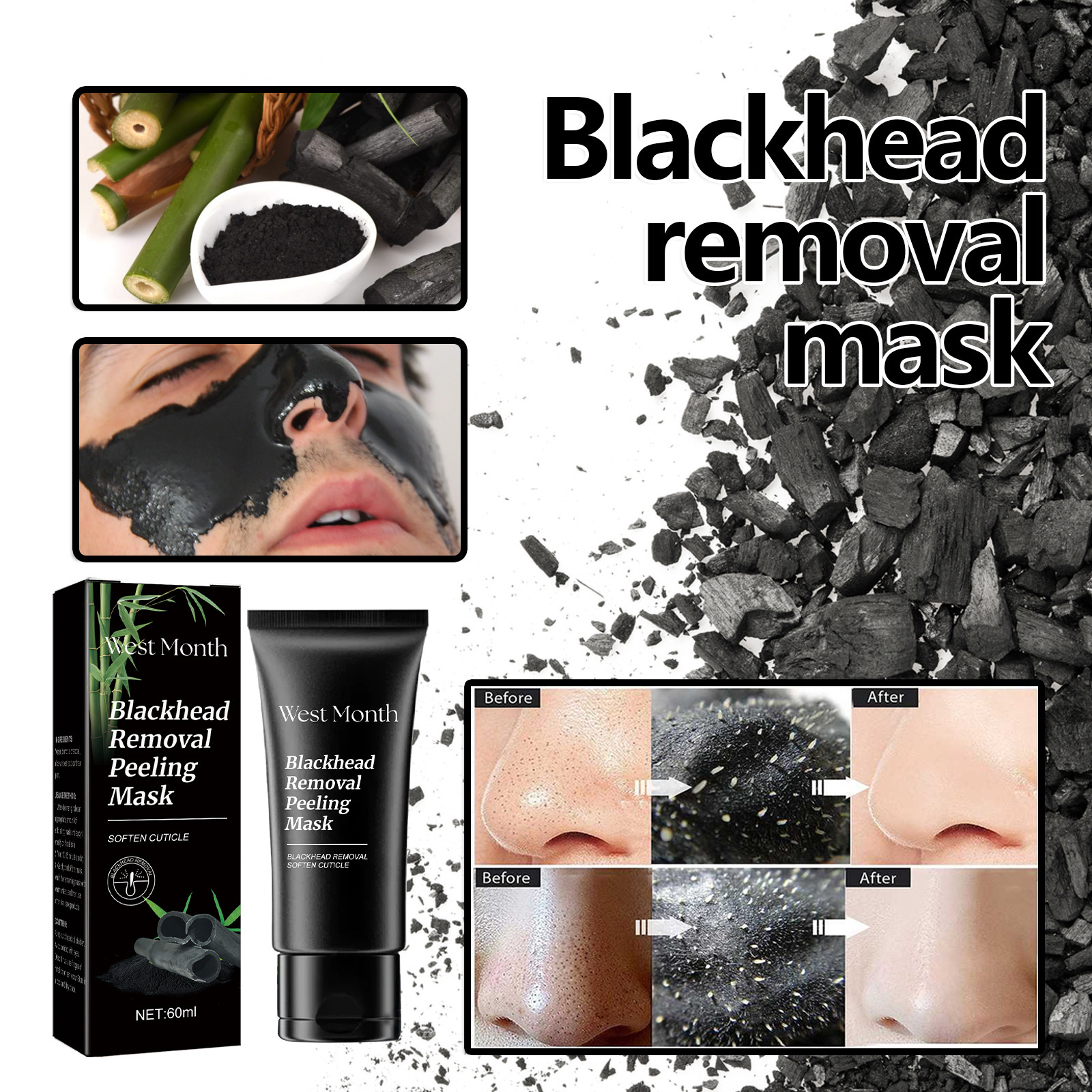 Mascarilla facial desmaquillante West&Month que hidrata el rostro, limpia los puntos negros y el acné, aclara las marcas del acné y afina los poros._voghion.com