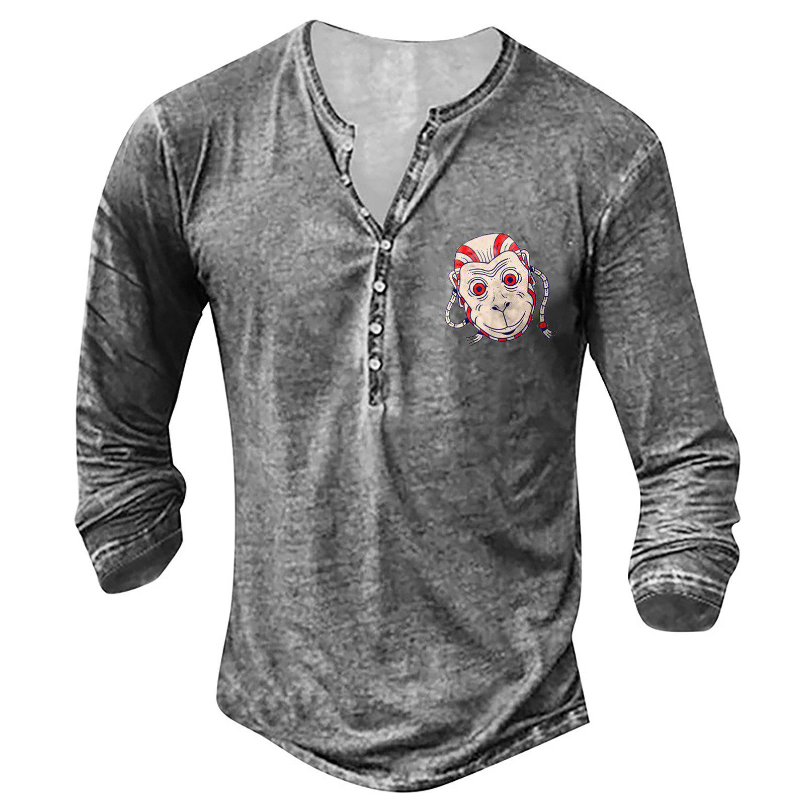 Men's Autumn and Winter Monkey Head Printed Loose Oversized Casual Long Sleeved Collarless Men's T-shirt_voghion.com