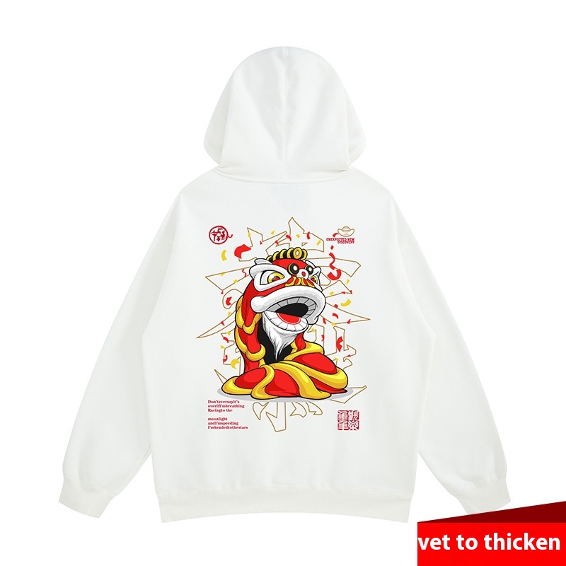 2024 China-Chic Chinesischer Kapuzenpullover zum Aufwecken des Löwen, lockere Größe, dicker Mann, Winter-Kaschmir-Kapuzenpullover für Männer_voghion.com