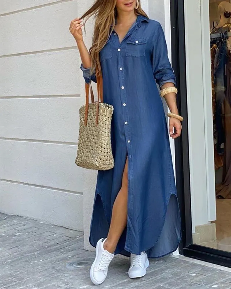 Plus Size Moudegt Hemdstil Knäppkleed Damen Casual Laang Stroossekleeder Loose Home Maxi Fraen_voghion.com