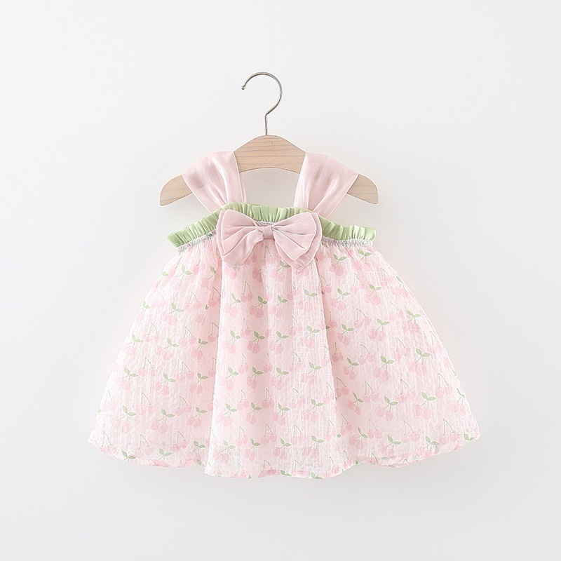 New Girls' Summer Dress Halter Pompadour Skirt Bow Cherry Cherry Lady Style Princess Dress Birthday Party Sleeveless Dress (Girls 0-3 Years Old)_voghion.com