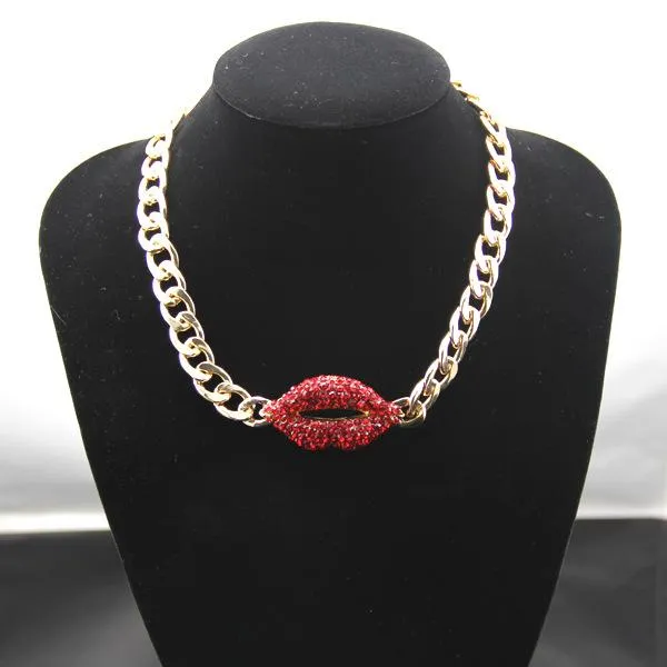 Red Lip Pendant Cuban Link Necklace Rapper Style Choker Jewelry_voghion.com