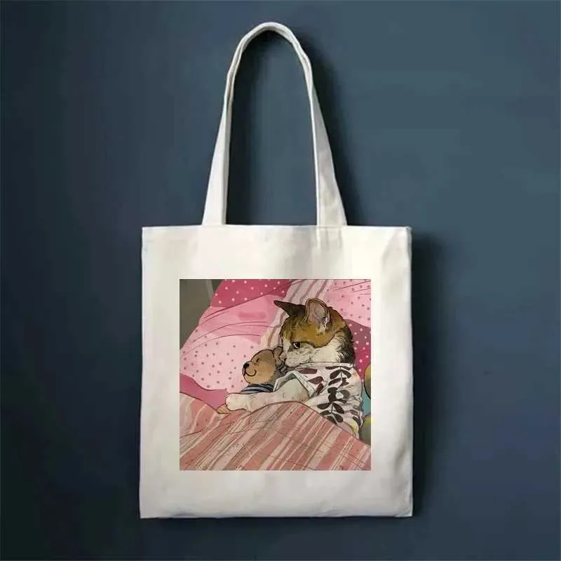 Funny Print canvas Fi handbag girl Carto Enviromental large capacity portable shopping bag Y241109_voghion.com