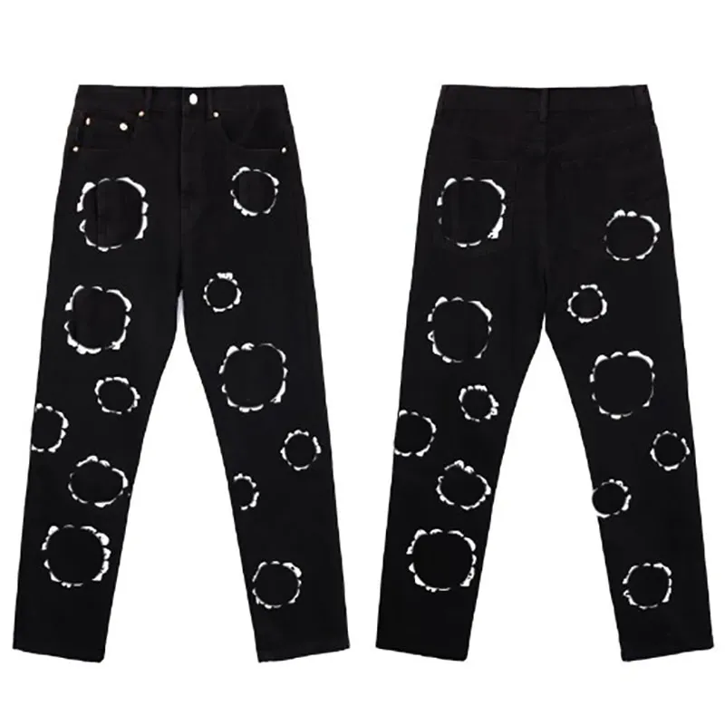 Designer Puff Print Hochwertiger Denim Zerrissene gewaschene Arbeit Schlanke Herrenhose Knopfart Winter Warme Jeans_voghion.com