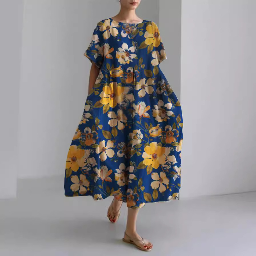 Women's dress imitation cotton pull-frame technology short-sleeved women's dress_voghion.com