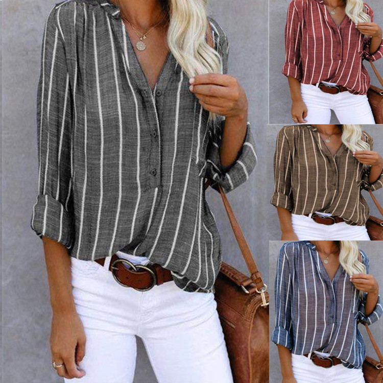 Camicia a righe stampata alla moda semplice da donna_voghion.com
