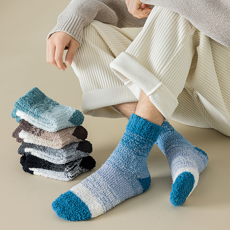 Nieuwe herfst- en wintersokken voor heren, koraalfleece, home, herensokken met middelhoge sokken, dikke sokken met kleurverloop, herensokken, vloersokken_voghion.com