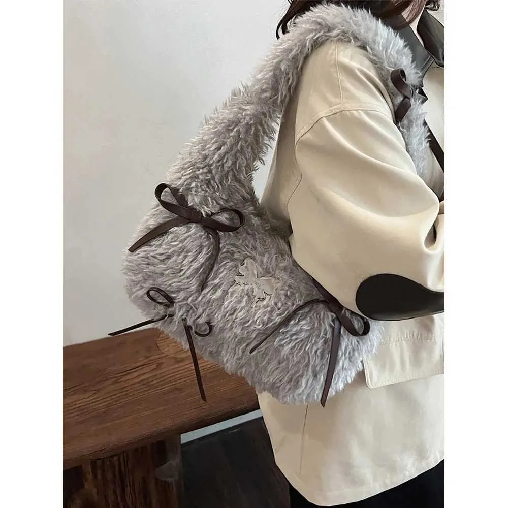Soft Plush Handbag for Women Solid Fluffy Bows Appliques Shoulder Female Autumn Winter Cute Underarm Packs Lady Handle_voghion.com