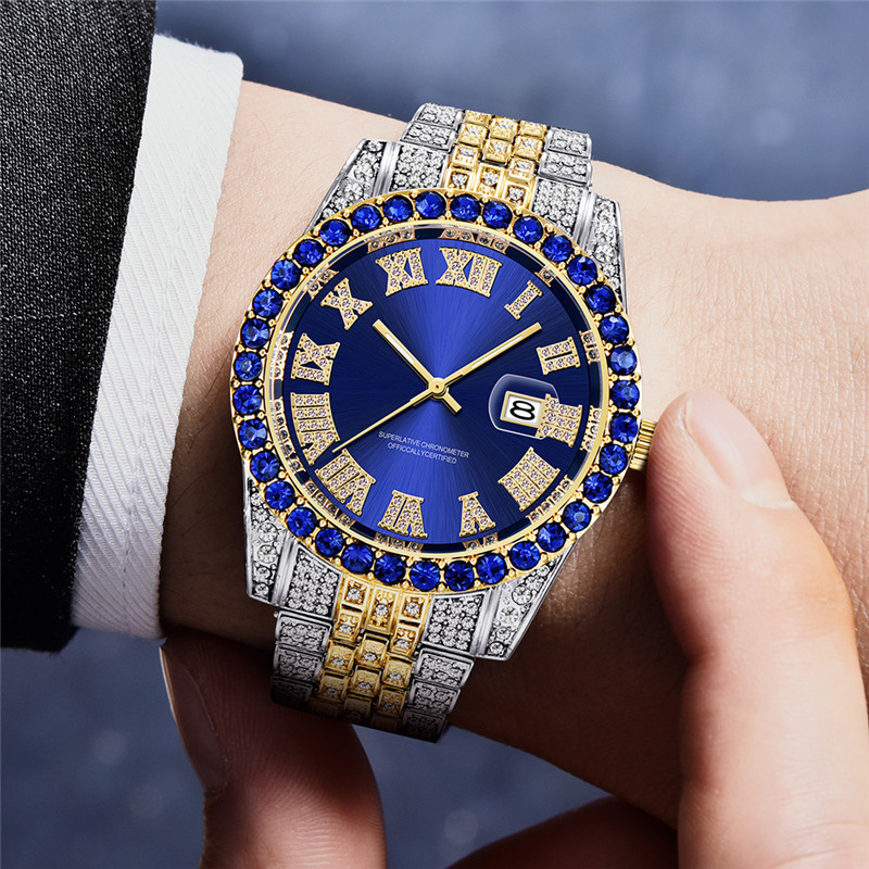 Hip hop Men Brand Full Diamond Alloy Band Date Watch_voghion.com