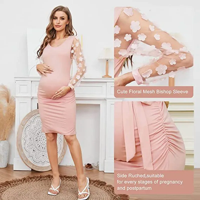 Women Flower Sleeved Photography Props Stretch Long Maternity Dresses for Pregnant Photo Shoot Clothing_voghion.com