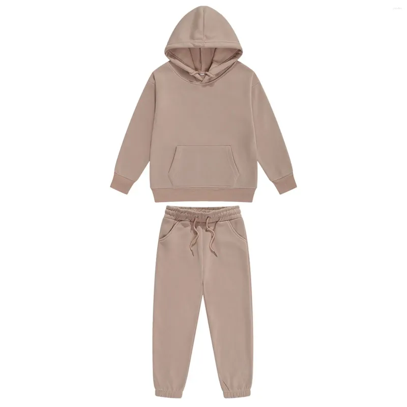Koşu Setleri Çocuk Erkek Kız 2 Parça Spor Kıyafetleri Düz Renk Eşofman Uzun Kollu Kapşonlu Sweatshirt Eşofman Altı Antrenman Koşu_voghion.com