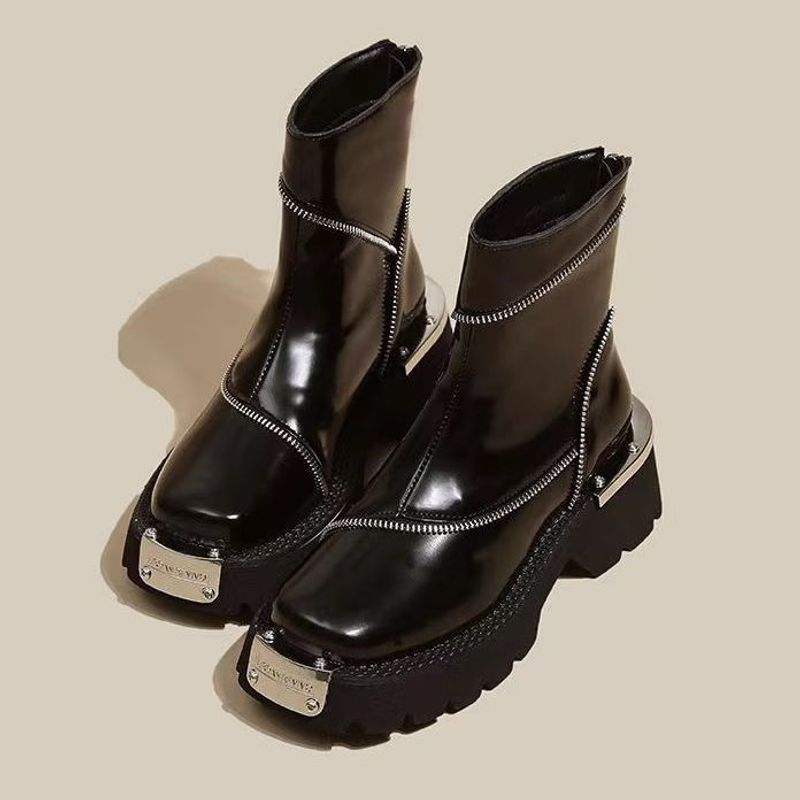 Ruoji Martin-Stiefel mit dicker Sohle für Damen im Herbst und Winter, neue Stiefel mit quadratischer Zehenpartie im britischen Stil, funktionaler Stil aus Metall_voghion.com
