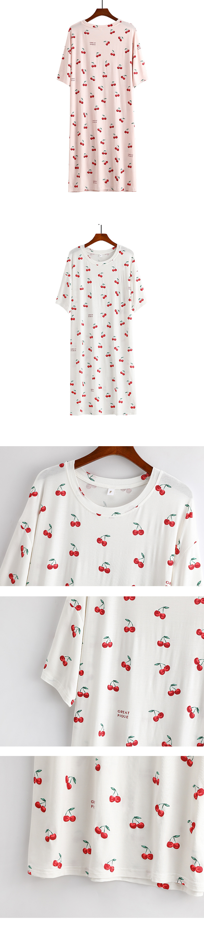 Camisón de mujer en modal con estampado de cerezas manga corta_voghion.com