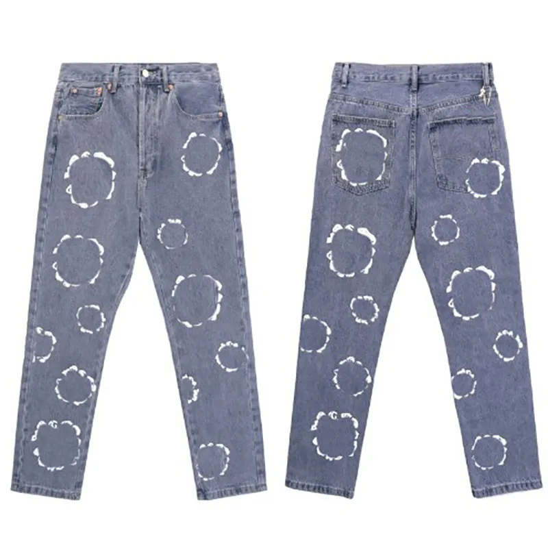Designer Puff Print Hochwertiger Denim Zerrissene gewaschene Arbeit Schlanke Herrenhose Knopfart Winter Warme Jeans_voghion.com
