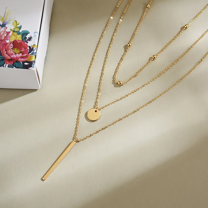 Collane Sterling Sier Semplice Collana a tre strati Ciondolo a barra lunga lucida Regali di nozze per donne Accessori squisiti_voghion.com