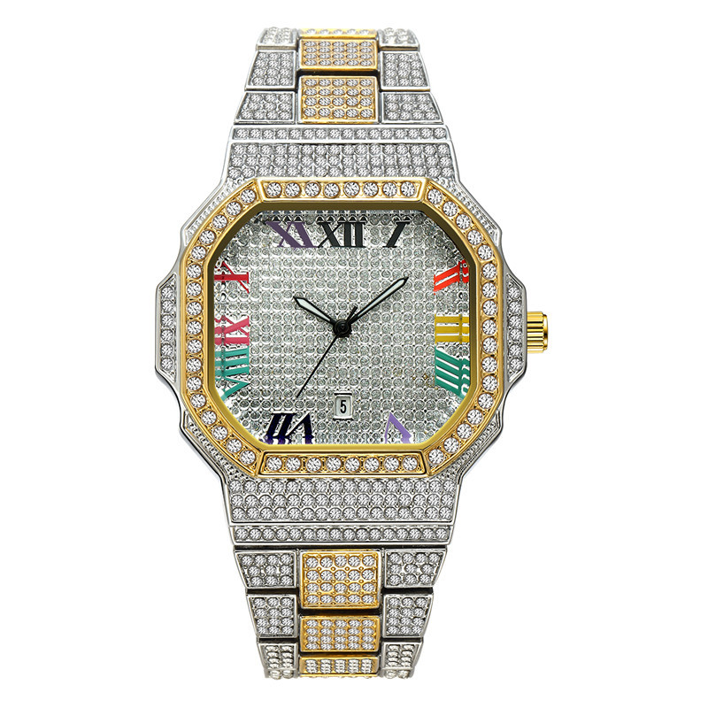 Men's Luxury Hip Hop Diamond Quartz Watch With Gold/Silver/Rose Gold Tone, Date Display, And Stylish Design For Casual & Formal Wear_voghion.com