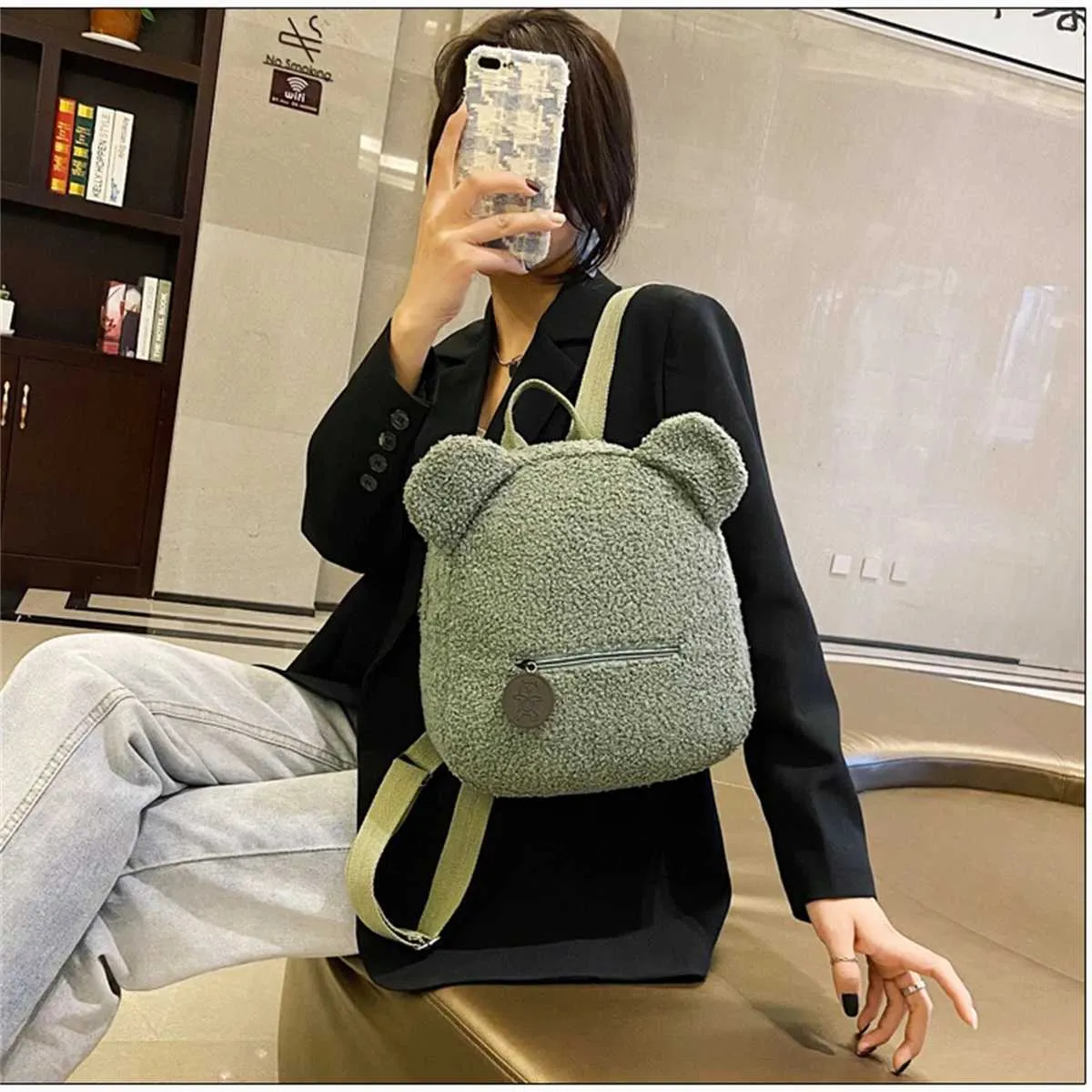 Plüsch Damentasche Herbst und Winter neue koreanische Version süßer kleiner Bär Ohr Rucksack Mädchen Eltern-Kind-Tasche-LJXC241217_voghion.com