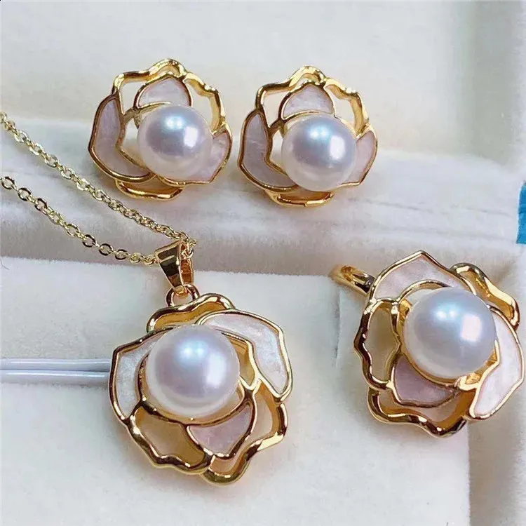 Arrivée Moud Kamellia Bijou Sets 14K Gold Fëllt Echt Natierlech Séisswaasserperl Halskette Ouerréng Réng Fir Fraen_voghion.com