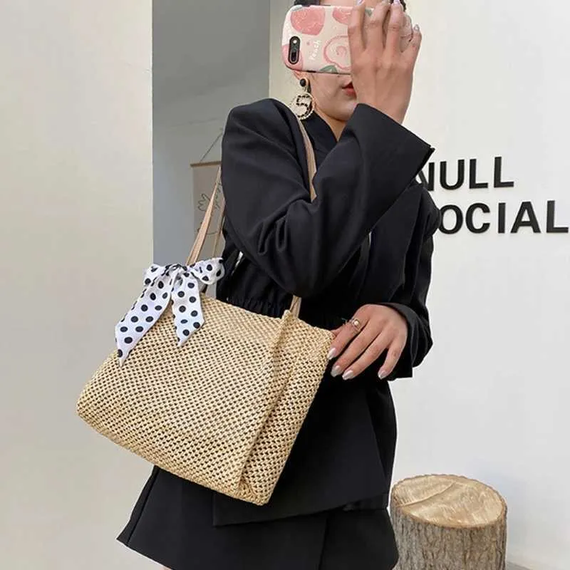 Grande borsa a tracolla estiva da spiaggia quadrata intrecciata con manico a nastro portafoglio Y241011_voghion.com