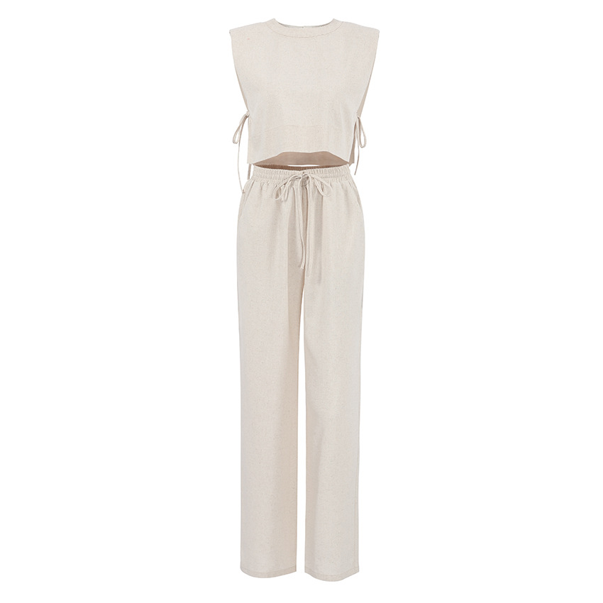 Women's Clothing Fashion cotton and linen suits style shoulder pad sleeveless tops and trousers two-piece suits_voghion.com
