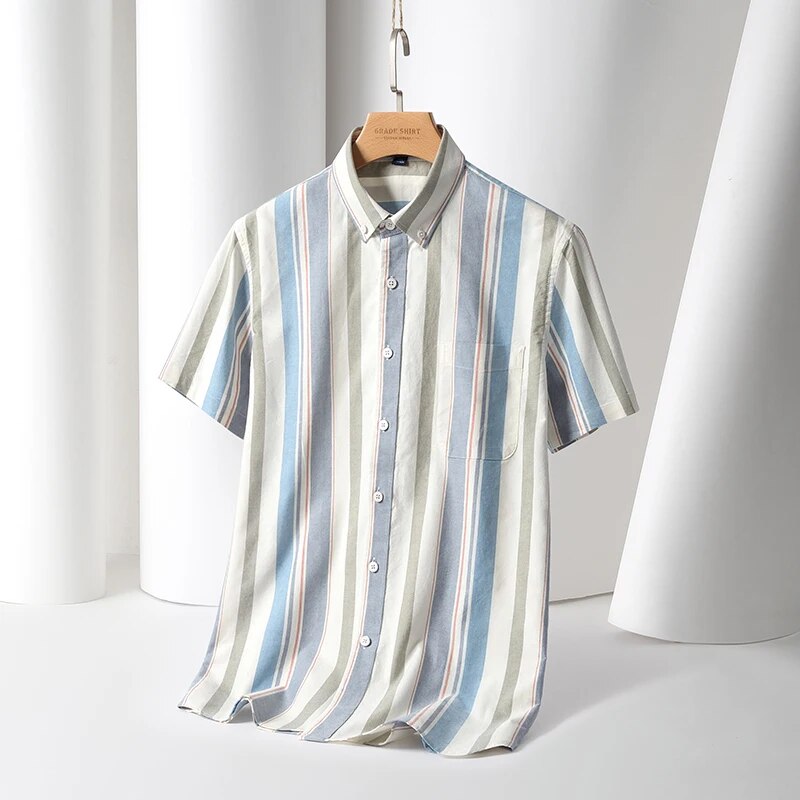 Neu Herren Gestreiftes Mode Kurzarm 100% Baumwolle Oxford Plaid Business Button Down Regular Fit Bürohemd Mann_voghion.com