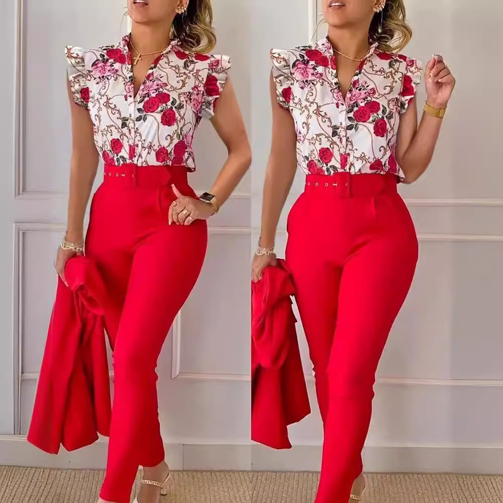 Women's Fashion Casual Lotus Leaf Sleeve Vest Two-piece Suit Women's Clothing_voghion.com