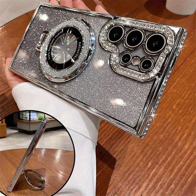 1pc Luxury Plating Gradient Glitter Diamond Stand Holder Phone Case For SamsungS24 S25 Ultra S23 Ultra S22 Ultra S23 Protective Shockproof Cover_voghion.com