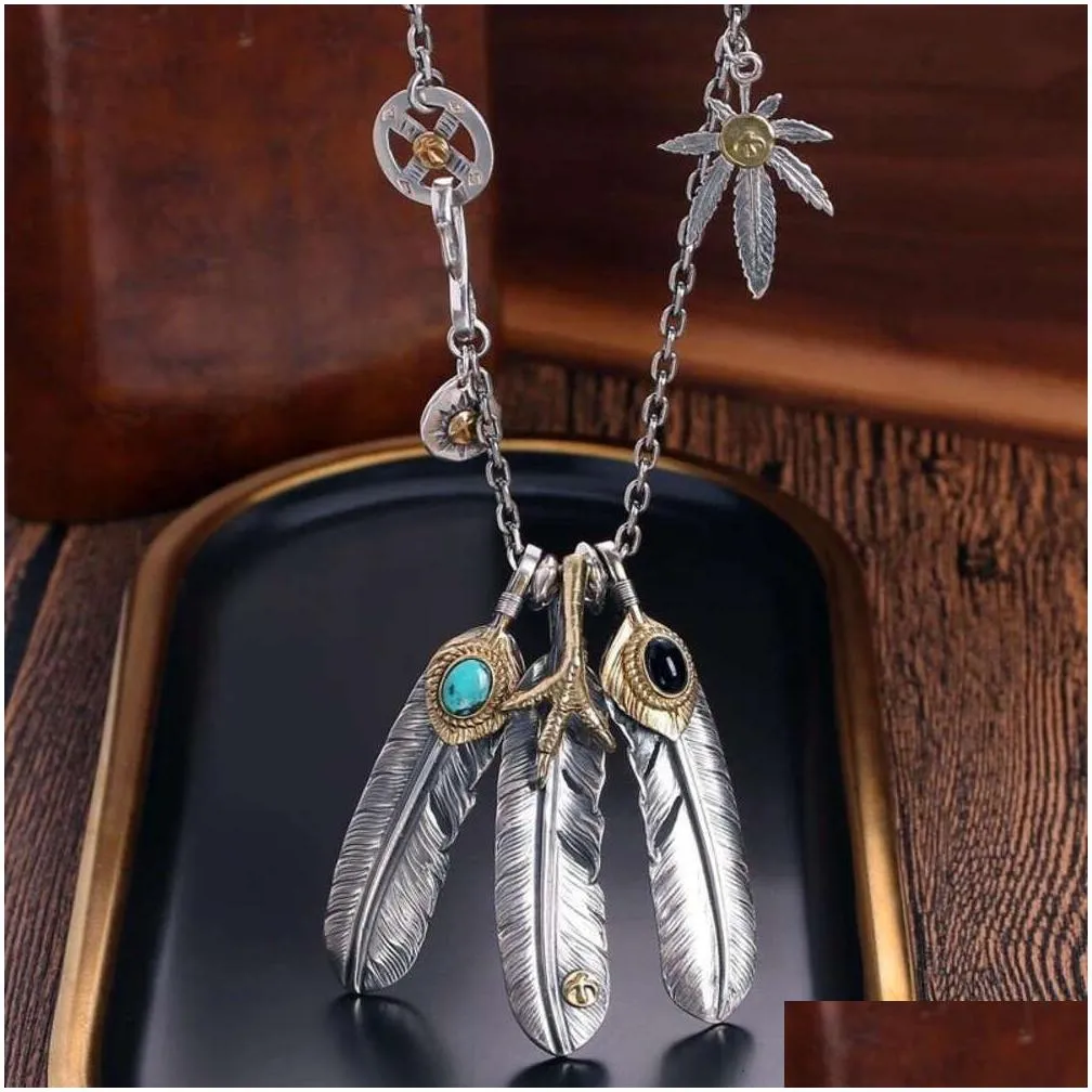 Collane con ciondolo Qn Takahashi Goro Style Collana con piuma turchese naturale Donna Uomo Too Set di catene angolari Maglione_voghion.com