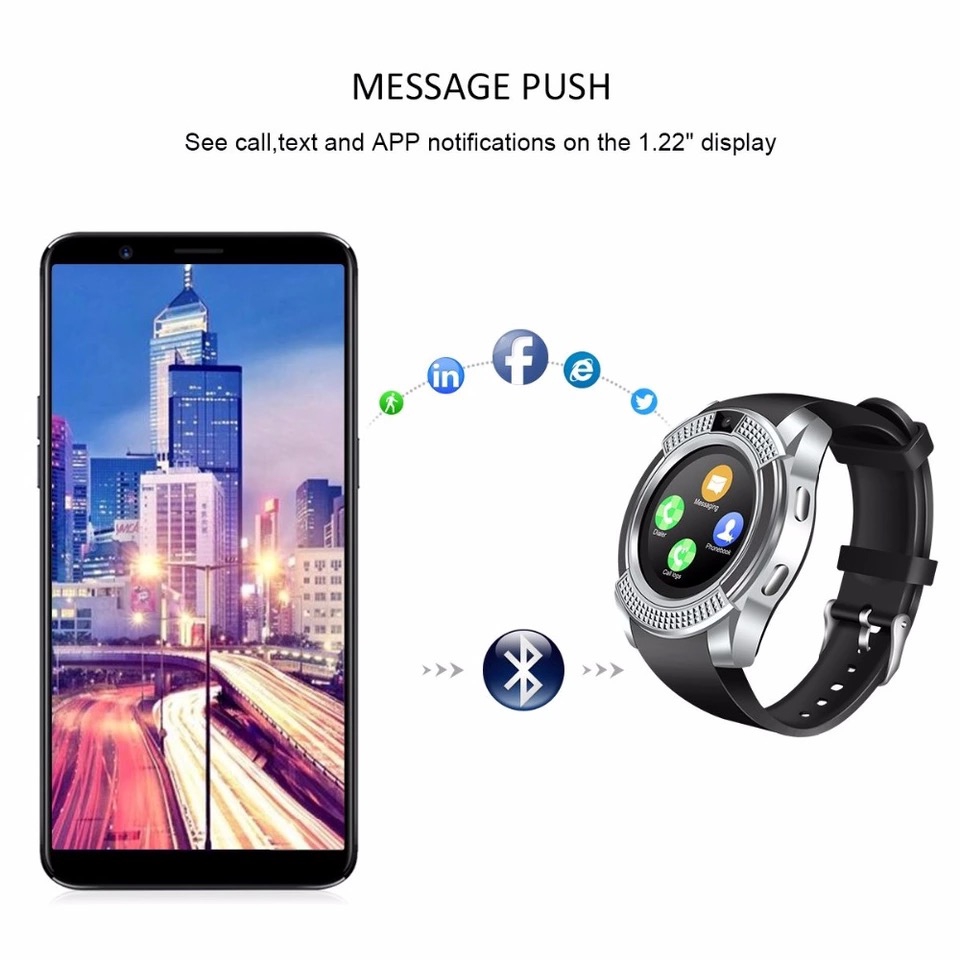 ♥ Direkt verfügbar + GRATIS Liwwerung ♥ V8 Smartwatch TF SIM Auer Bluetooth Schrëttzieler Kamera 2G Faarfdisplay Handgelenk Sport Auer Waasserdicht Apparat Android_voghion.com