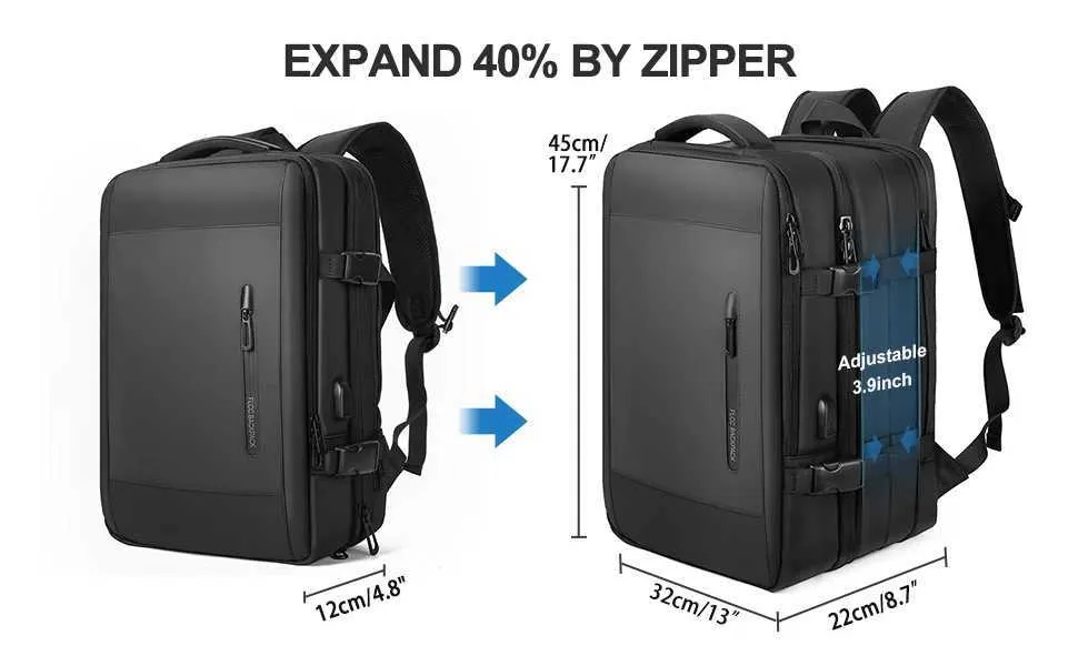 Sac à dos de voyage minimaliste pour homme, grand et extensible, pour ordinateur portable de 17 pouces, antivol, avec chargeur USB 241107_voghion.com