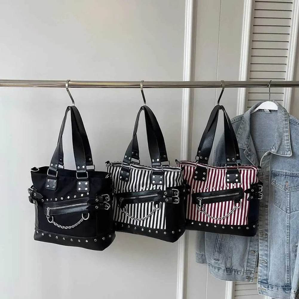 Frauen Schulter Mode Patchwork Handtasche Große Kapazität PU Punk Gestreiften Stilvolle Umhängetasche Chic Hobo Ba241216_voghion.com