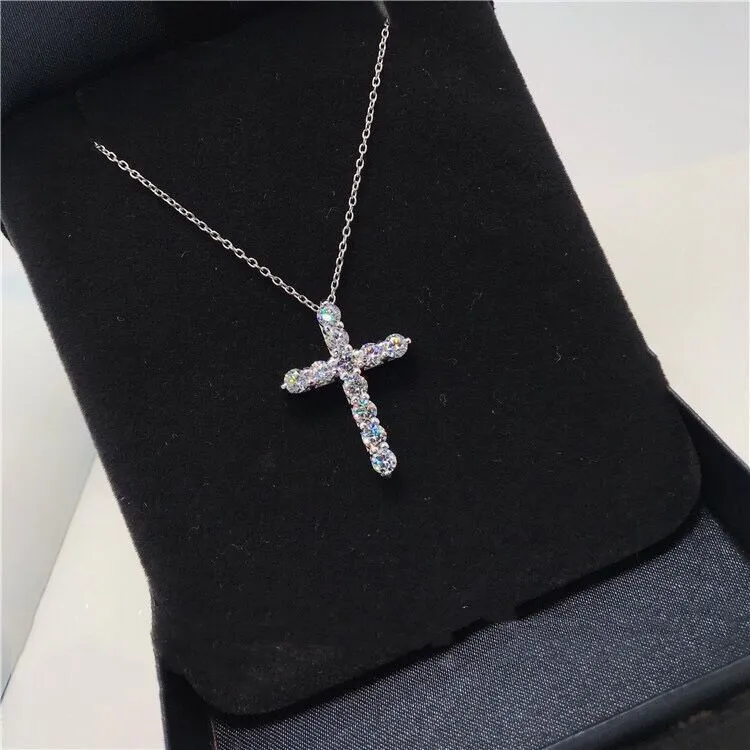 Collane con ciondolo a croce placcate in argento sterling per donna, con catena a maglie in cristallo di diamante scintillante_voghion.com