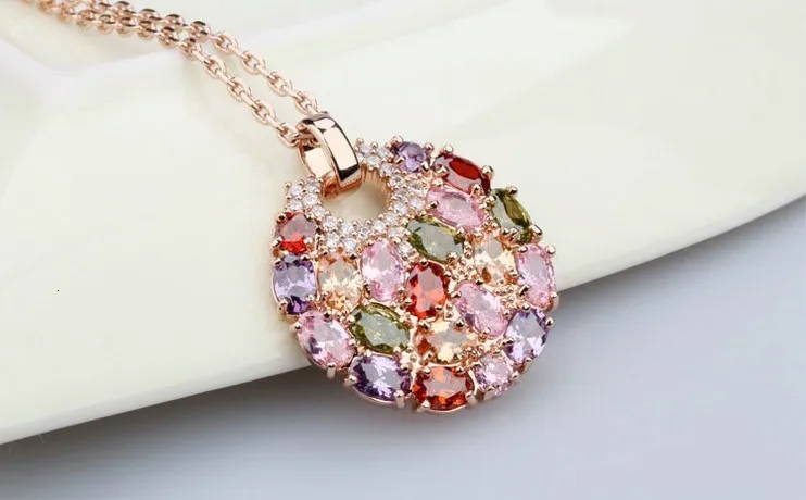 Nova moda quente multicolorido cristal redondo colar pingentes ouro rosa cz zircão joias para mulheres presentes_voghion.com