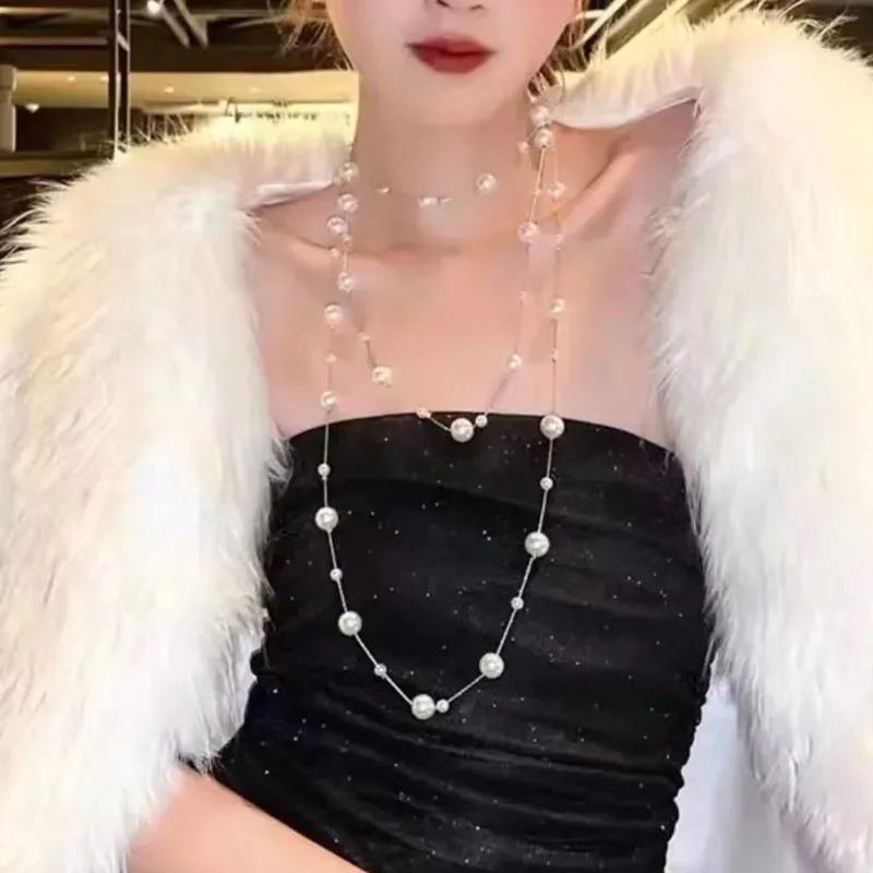 Collana lunga di perle elegante per donna catena stile coreano_voghion.com