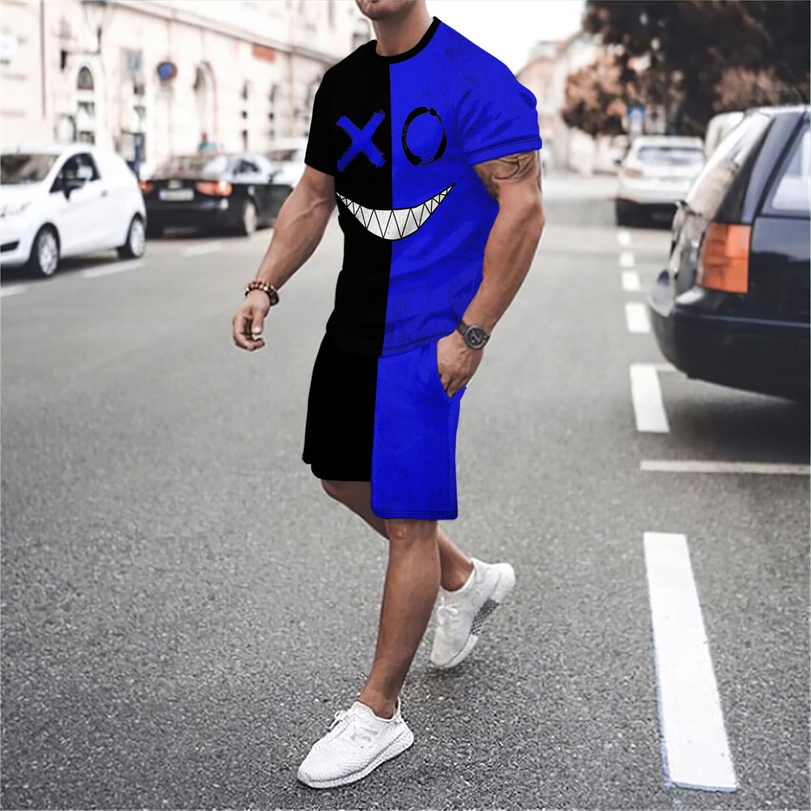 men's round neck short sleeved T-shirt and shorts set 3D smiling face letter patchwork fashionable casual basketball_voghion.com