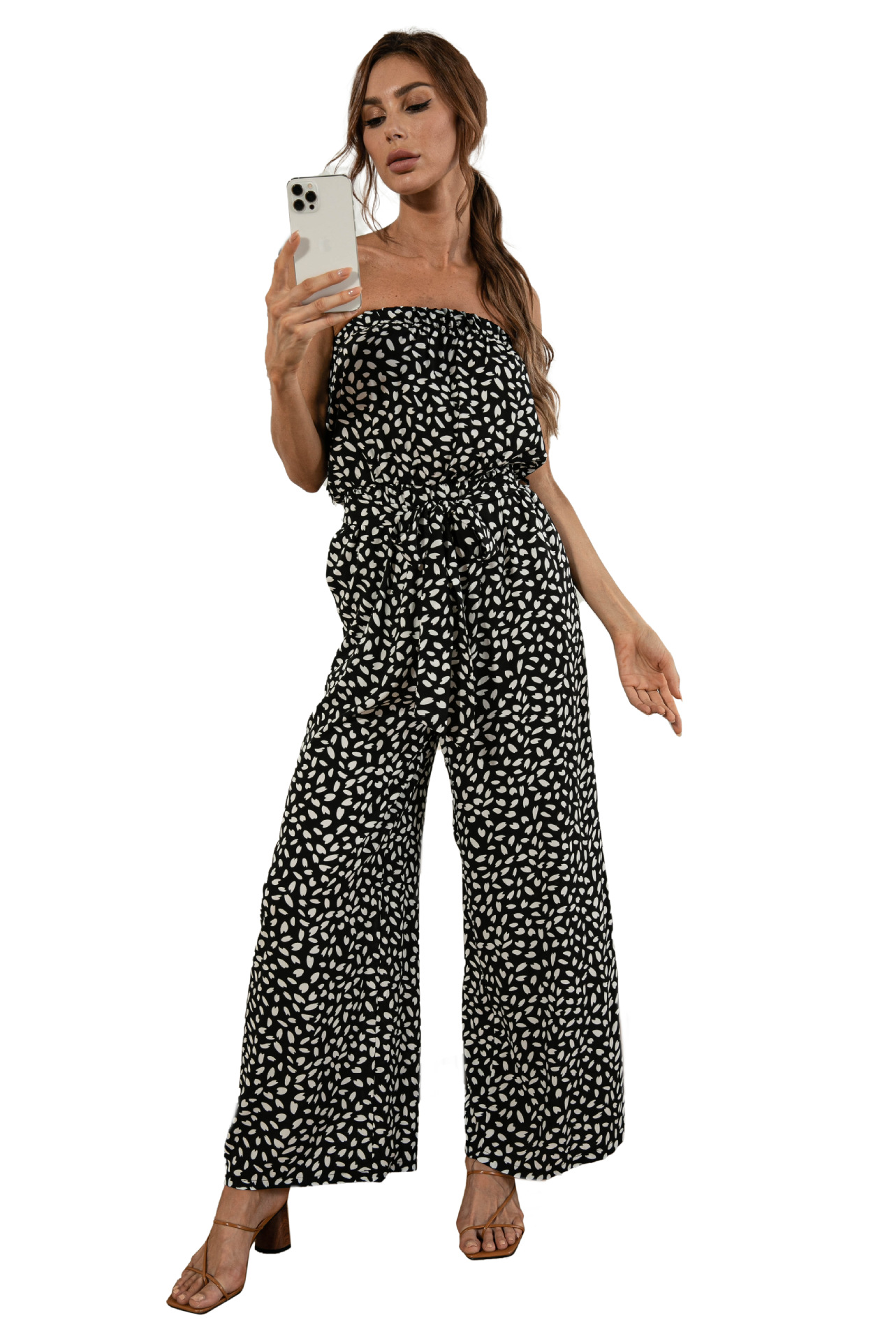 Nuevos productos de verano para mujer, nuevo mono de pierna ancha con cordones y estampado de lunares en forma de corazón y top de tubo sexy_voghion.com
