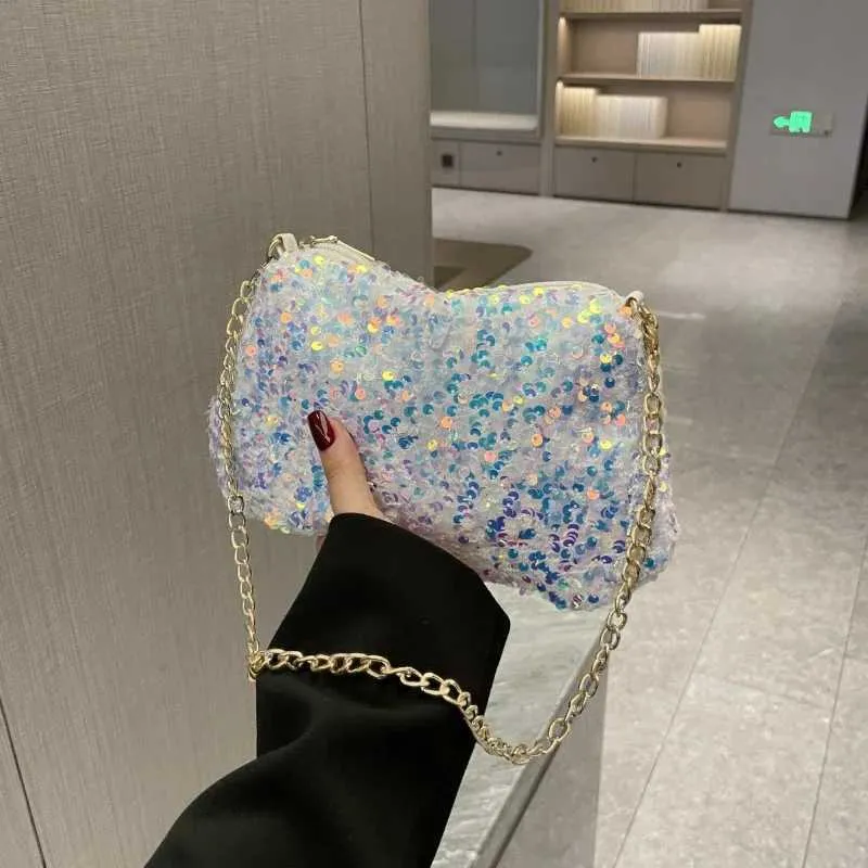 Sac à bandoulière à chaîne simple INS couleur unie paillettes sac à bandoulière portefeuille mobile sac à main de nuit Y241019_voghion.com