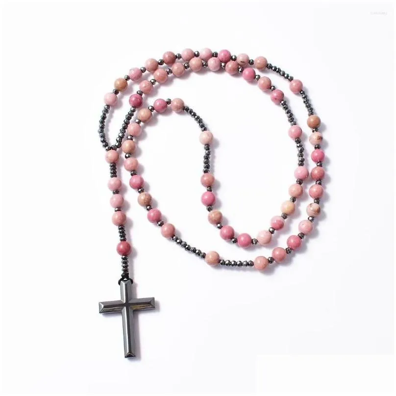 Rhodonite And Hematite Rosary Pendant Necklace For Men And Women_voghion.com