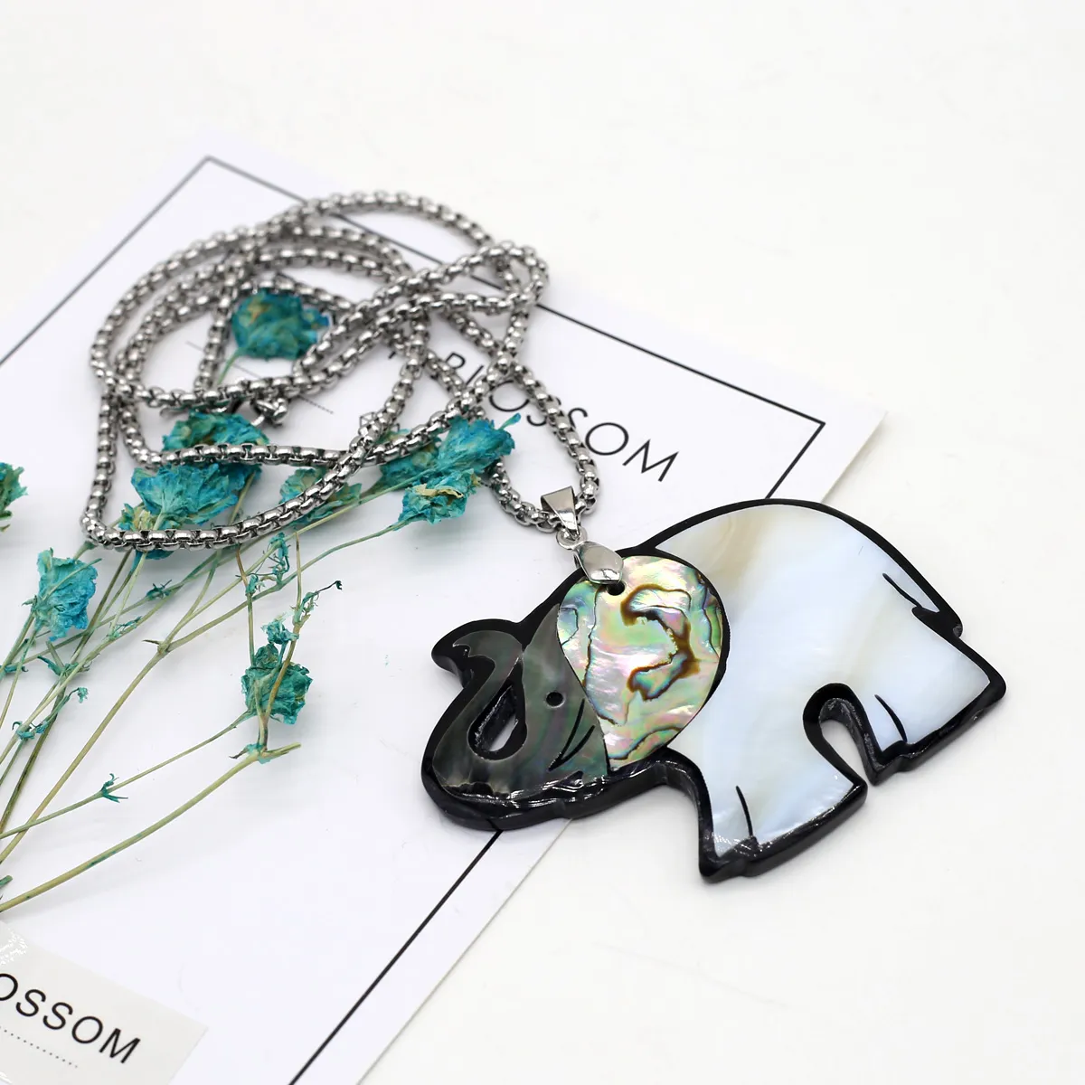 Collane con ciondolo Collana con conchiglia naturale Forma di elefante Abalone Catena in acciaio inossidabile bianca e nera Ciondoli per gioielli_voghion.com