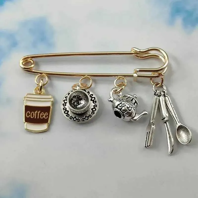 Pins Brooches Fashionable kitchen utensils knives spoons metal brooches cups pots coffee afternoon tea cute gift pins_voghion.com