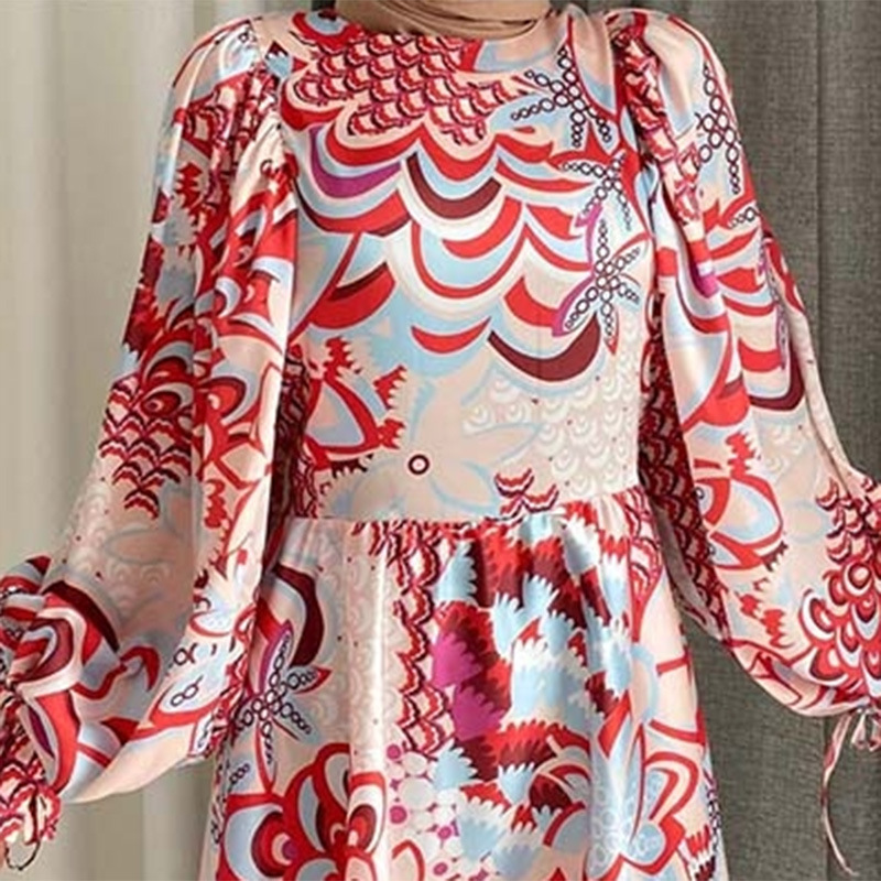 Elegante moslim jurk voor dames met lantaarnmouwen en print_voghion.com
