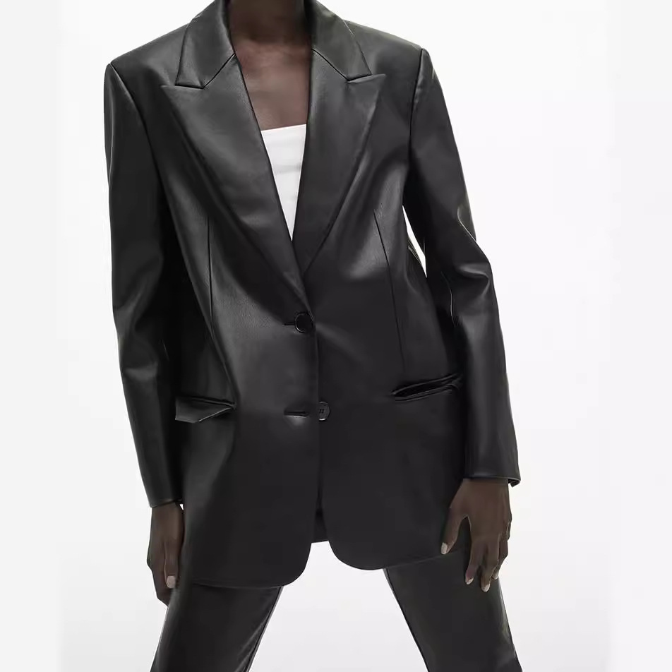 Vêtements pour femmes Couleur unie Col de costume Poche Mode Décontracté Veste en cuir pour femmes