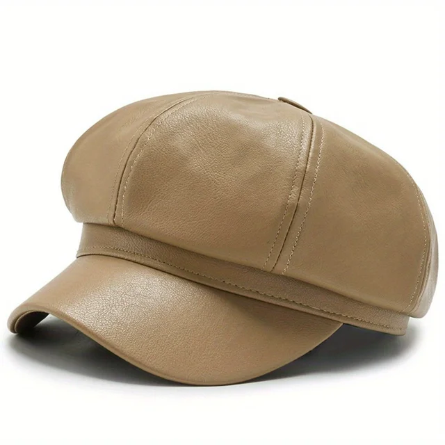 Boina retro de piel sintética de color liso octogonal para mujer, estilo vendedor de periódicos, con lengüeta de pato, para invierno y otoño._voghion.com