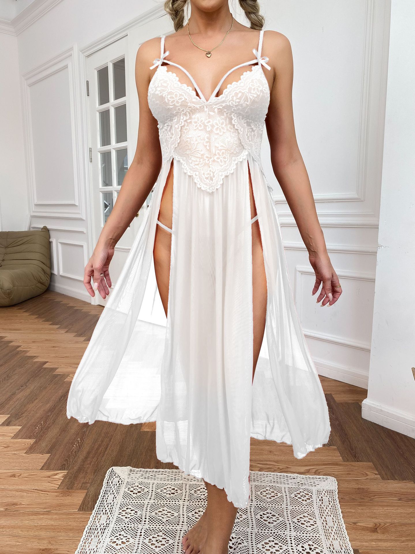 Vestito notte sexy donna pizzo scollo a v camicia da notte mesh_voghion.com