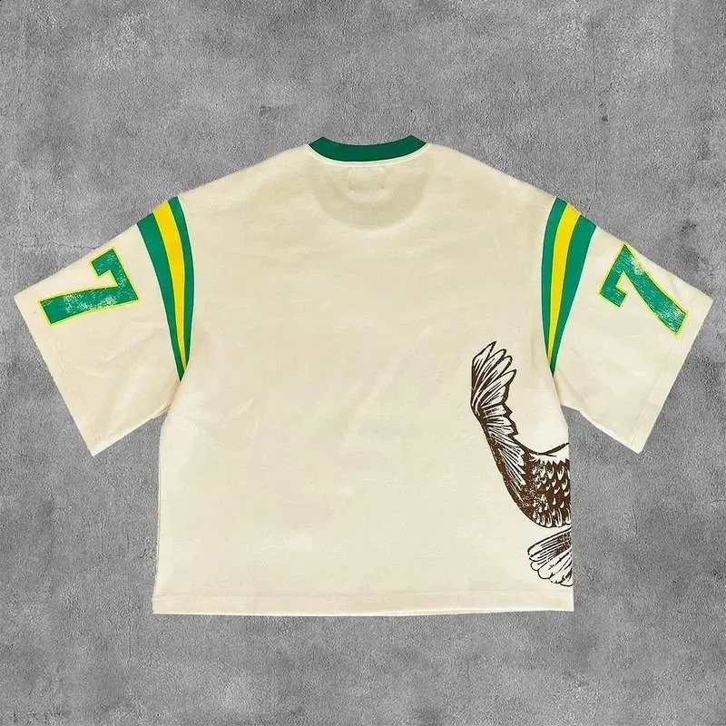 Maglietta da uomo in puro cotone con scollo rotondo verde, estiva, con stampa grande, stile street hip-hop, stile Y2k, casual, oversize 241230_voghion.com