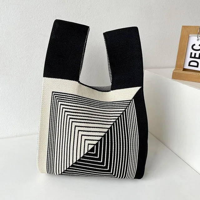 Mode Handarbeit Stricken Handtasche Frauen Mini Knoten Handgelenk Casual Farbe Plaid Einkaufstasche Wiederverwendbare Einkaufstaschen_voghion.com