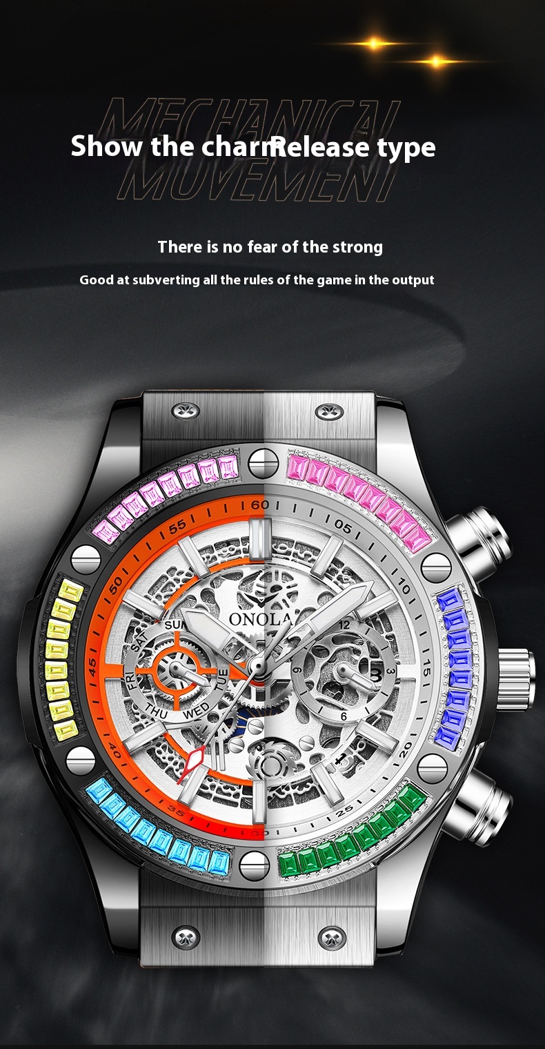 Fashion New ONOLA/Orona Rainbow Diamond Fully Automatic Mechanical Watch Men's Waterproof Tape_voghion.com