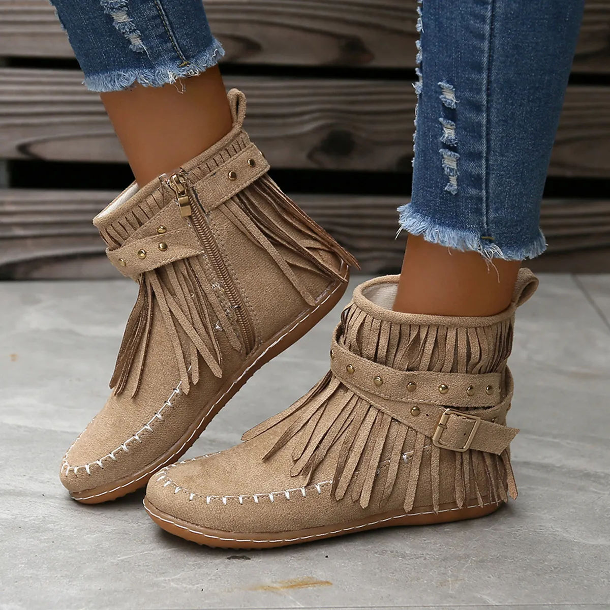 2024 Free Shipping New Designer For Women Western Cowboy Thick Heel Polished Punk Style Motorcycle Zipper Riveted Flat_voghion.com