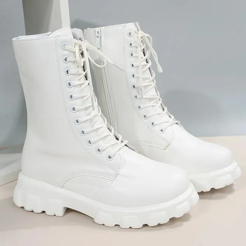 Motorcycle Platform Boots For Women White Chunky Heel Leather Botas_voghion.com